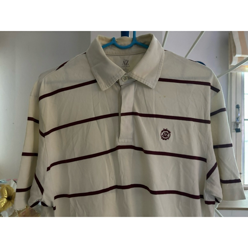 เสื้อยืดโปโล ผู้ชาย AllZ (แท้)  size L  สีขาว ลายทางสีน้ำตาลแดง  (มือสอง)  ราคาถูก