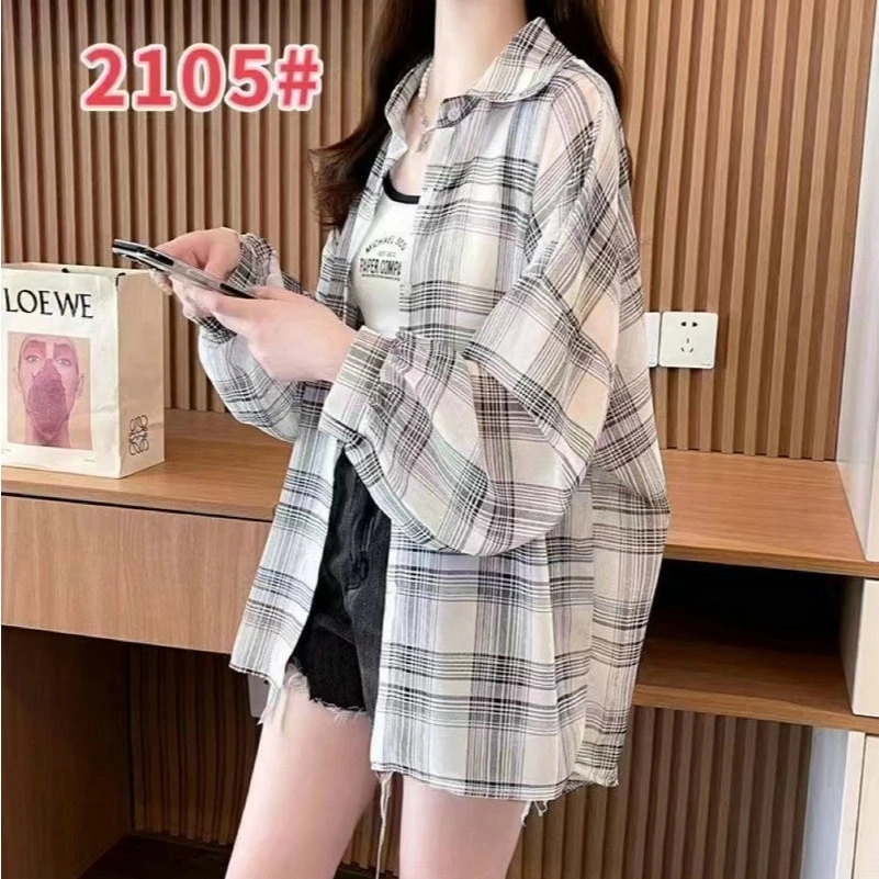เสื้อเชิ้ตผู้หญิง แขนยาว เสื้อกันแดด oversize ผ้าเบาบาง ลายสก๊อต สไตส์เกาหลี