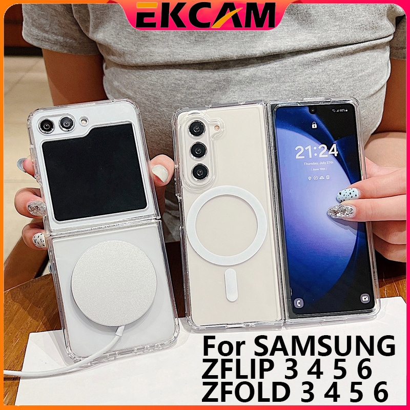 Ekcam เคสอะคริลิคแข็ง แบบแม่เหล็ก ไร้สาย สําหรับ Samsung Galaxy Z Flip ZFLIP 6 5 4 3 ZFOLD 3/4/5/6 Magnetic FOLD