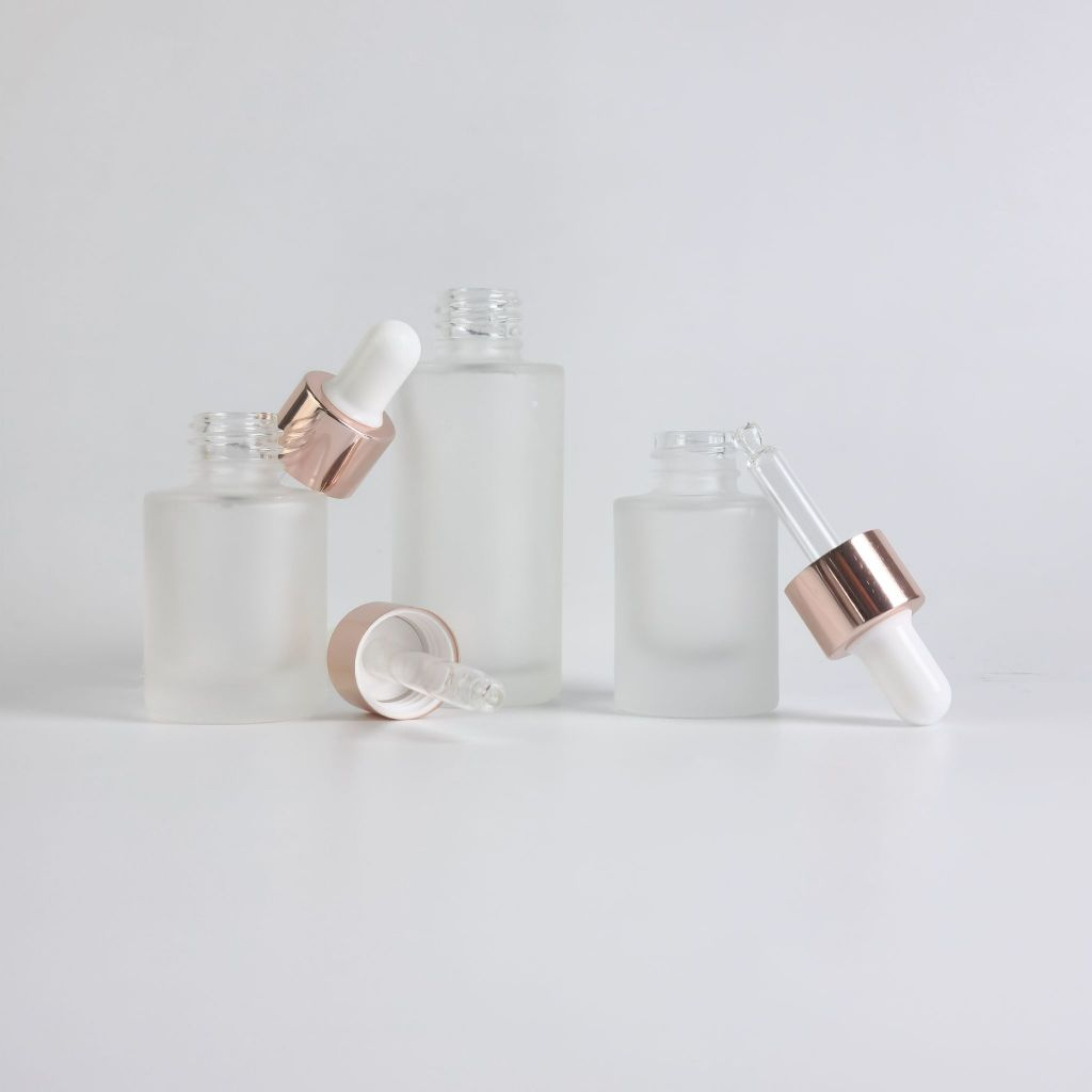 30ml 15ml 10ml ขวดแก้วพร้อมดรอปเปอร์ (ฝาสีชมพูพิงค์โกล์ จุกขาว) แพ็กเกจเครื่องสำอางสำหรับบรรจุเซรั่ม น้ำมันหอมระเหย