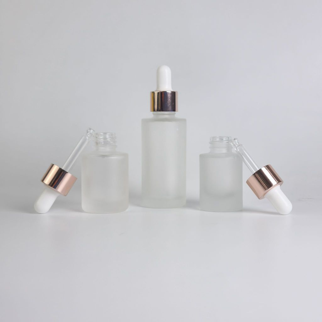 30ml 15ml 10ml ขวดแก้วพร้อมดรอปเปอร์ (ฝาสีชมพูพิงค์โกล์ จุกขาว) แพ็กเกจเครื่องสำอางสำหรับบรรจุเซรั่ม น้ำมันหอมระเหย