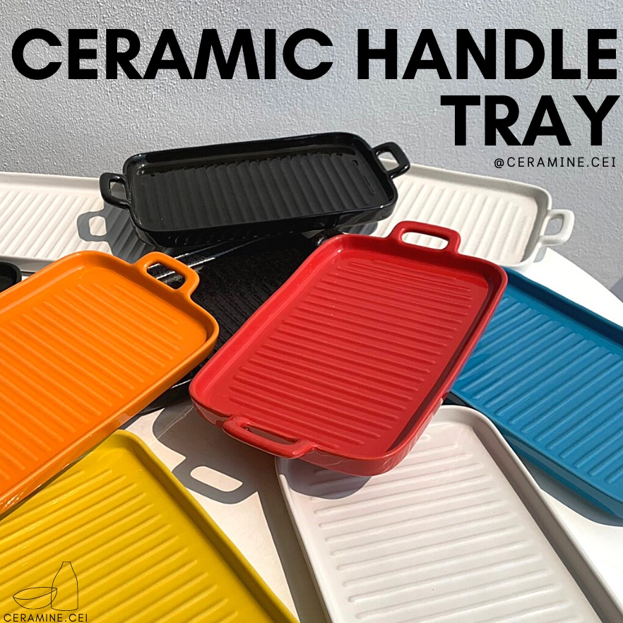 Ceramic Handle Tray ถาดกะทะเนื้อเซรามิคทรงสี่เหลี่ยมผืนผ้า เข้าไมโครเวฟได้ (เข้าเตาอบไม่ได้)