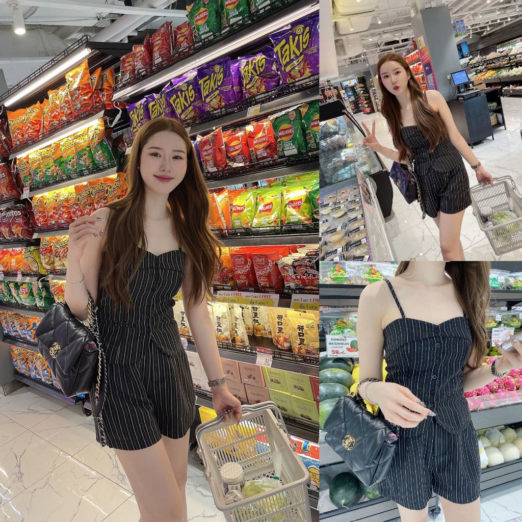 เทา/ดำ SLYQ TONIC PINSTRIPE SINGLET & SHORTS SET เซ็ตลายทางเสื้อสายเดี่ยวกระดุมหน้ากับกางเกงขาสั้น
