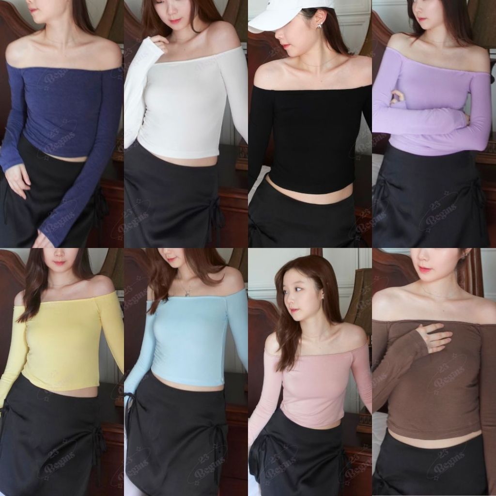 23begins top เสื้อปาดไหล่สีพื้น เสื้อปาดไหล่ เสื้อเกาะอก (5466)
