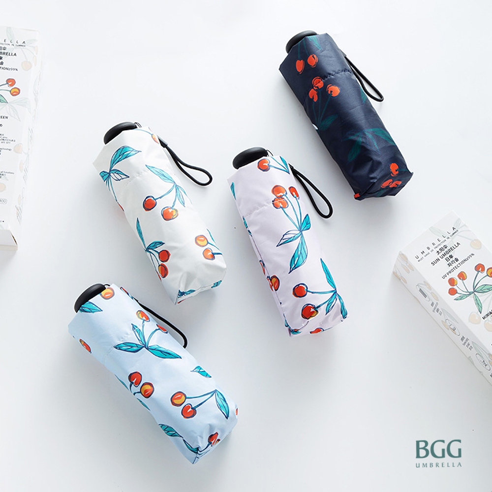 BGG 100% UV Cut Short 5-Folding Cherry Folding Umbrella ร่ม ร่มพับ 5ตอน ขนาดเล็ก กันแดด กันฝน กันยูวี เชอร์รี่ (FM2038)
