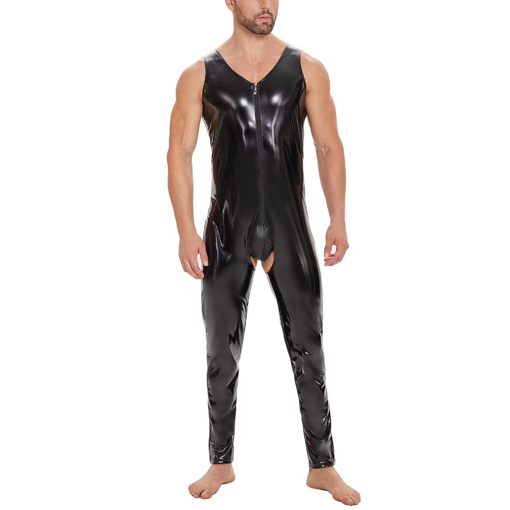 ชายเซ็กซี่เปิดสะดือหนังเงา Jumpsuit เสื้อหนัง PVC เงา Leotard ซิป Dew Latex Bodysuit ไม่มีสะดือ