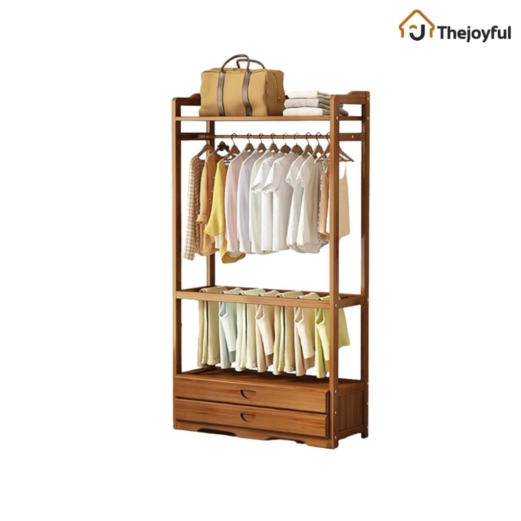 ราวแขวนผ้า 2ชั้น ตู้เสื้อผ้า clothes rack ชั้นแขวนเสื้อผ้าไม้ มีช่องสำหรับเก็บของ Thejoyful