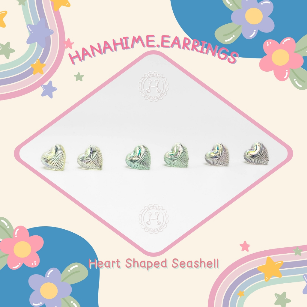HanaHime.earrings - ต่างหูลวดลายเปลือกหอยมุกรูปหัวใจ แพ้ง่ายพิเศษใส่ได้ ต่างหูก้านพลาสติกใส
