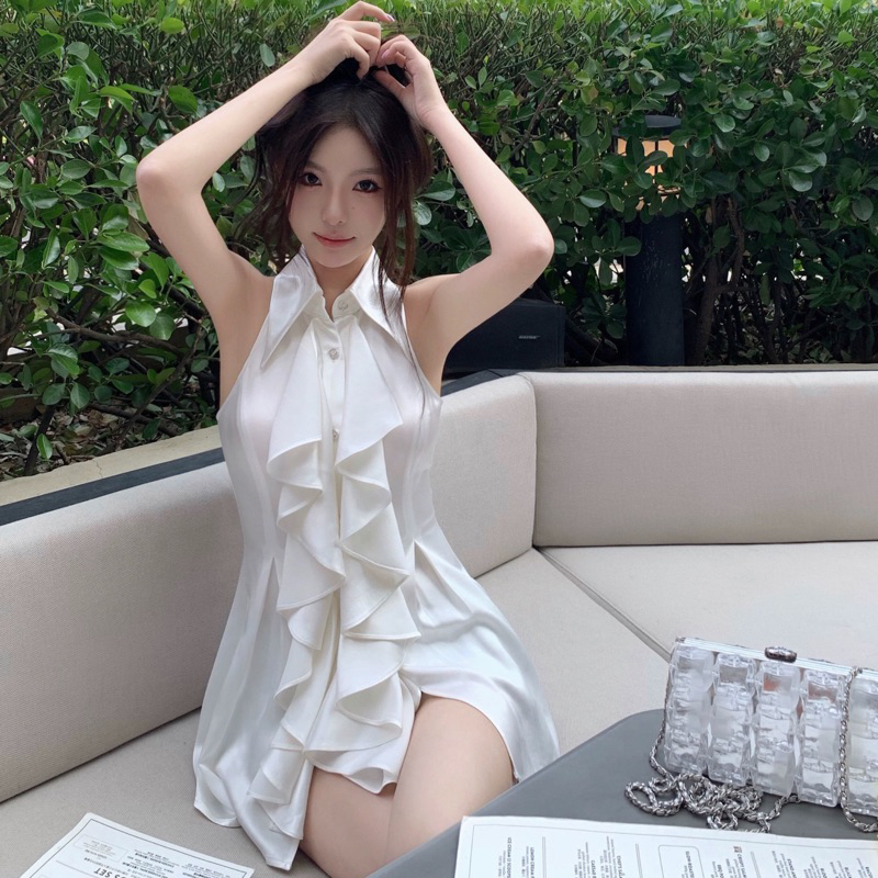 Sakura.official 6606/C#เสื้อกล้ามเเขนกุดเปิดไหล่แต่งระบายหน้า#เสื้อเเฟชั่นคอปกกระดุมหน้า7เม็ด