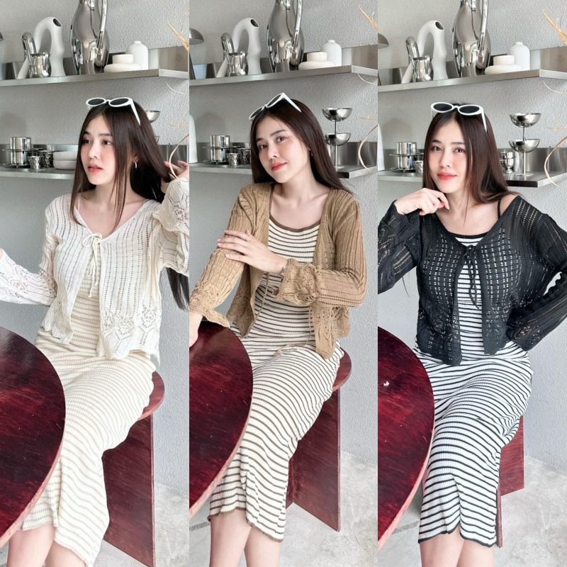 เดรสสายเดี่ยวทางถ่วงยาว คู่กับเสื้อคลุมทอลายตาข่าย 2ชิ้นคุ้ม 🍉ผ้าไหมพรมยืดเยอะ ผ้ายืดตามตัว รุ่น ส้มตำ