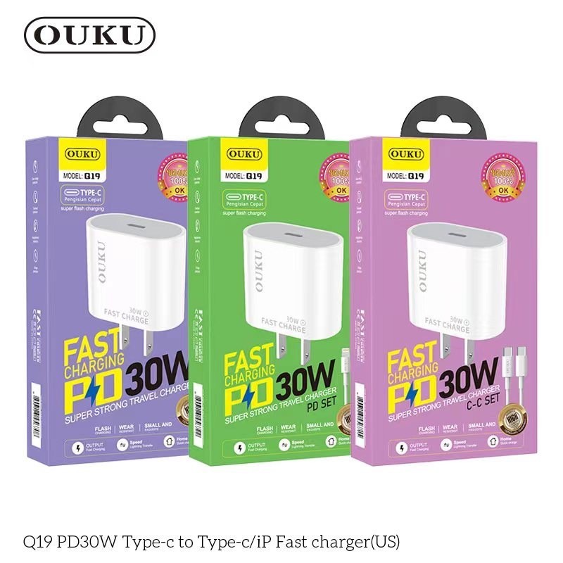 【Sale】ใหม่!! OUKU Q19 เซ็ทหัวชาร์จ Tpye-c to Type-c/I0S ชุดชาร์จ จ่ายไฟเร็ว PD30W Fast Charger set