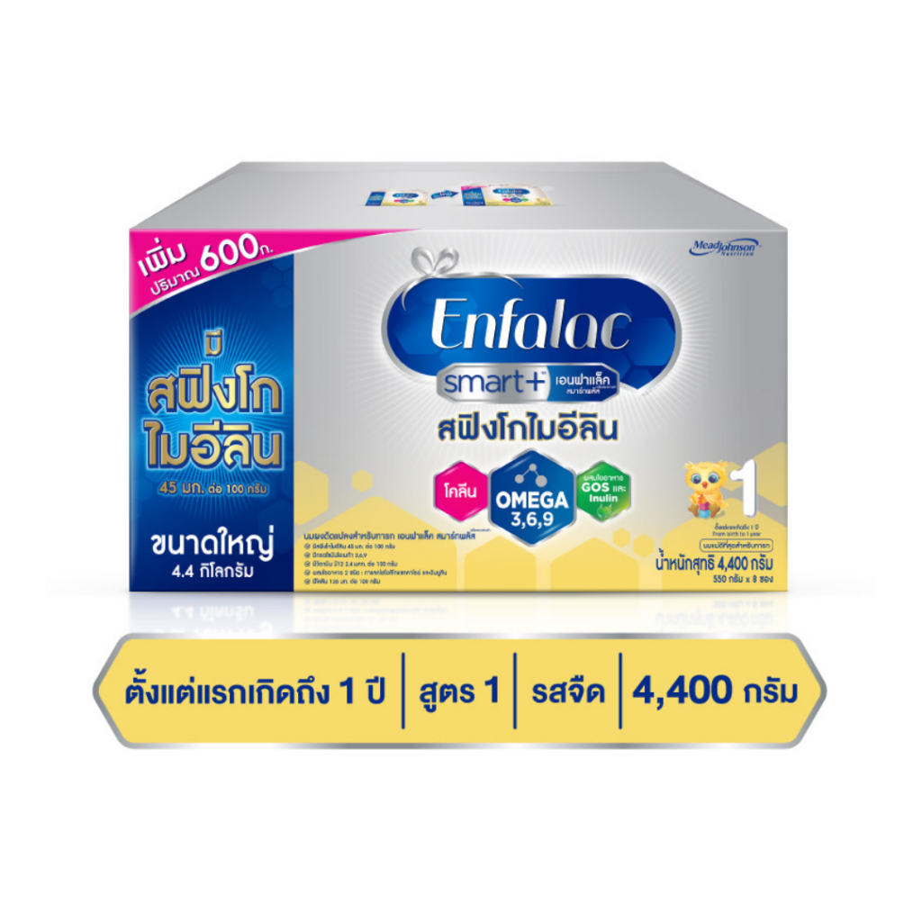 Enfalac Smart+1 เอนฟาแล็ค สมาร์ทพลัส นมผง สูตร 1 รสจืด ขนาด 4400 กรัม (บรรจุ 475กรัม จำนวน 8ซอง)