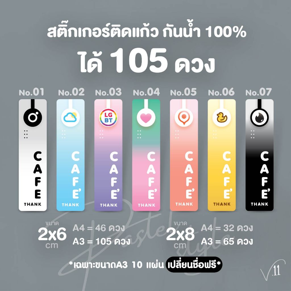 A3 10แผ่น เปลี่ยนชื่อฟรี สติ๊กเกอร์ติดแก้วมินิมอล สีพาสเทลพร้อมใช้ หนาพิเศษกันน้ำ100% v11