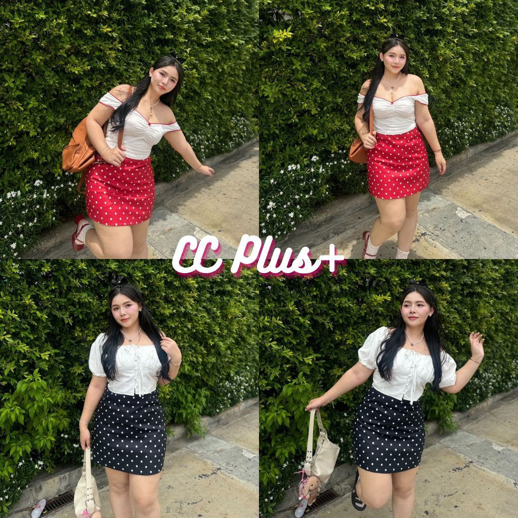 CiCi Plus+ (556) กระโปรงสั้น ลายจุดใหญ่ แมตช์ได้หลายลุค มีซับใน สไตล์สาวพลัสไซส์ เกาหลีสวยๆ