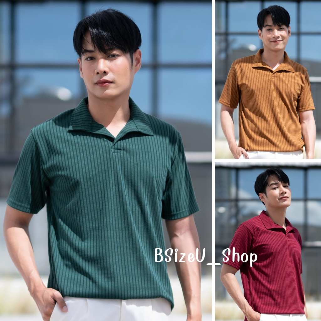 เสื้อยืดแขนสั้น คอโปโล Free size ผ้าลายทาง ผ้าร่อง นุ่มสบายสุดๆ แบรนด์ BSizeU