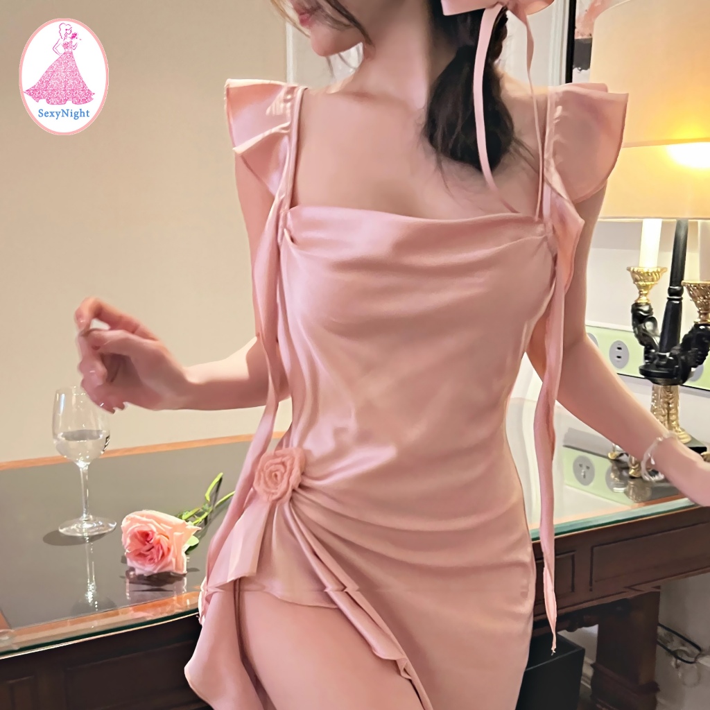 SexyNight   เดรสออกงาน เดรสสีชมพู บ้าน สวย กุหลาบ ภาษาฝรั่งเศส ราคาถูก พร้อมส่งจากไทย（H9330）