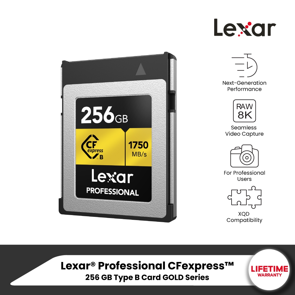 Lexar CFexpress Type B 256GB (ซีเอฟเอ็กเพรสการ์ด) VPG400 RAW 8K RW1900/1500MB/s (LCXEXPR256G) GOLD S