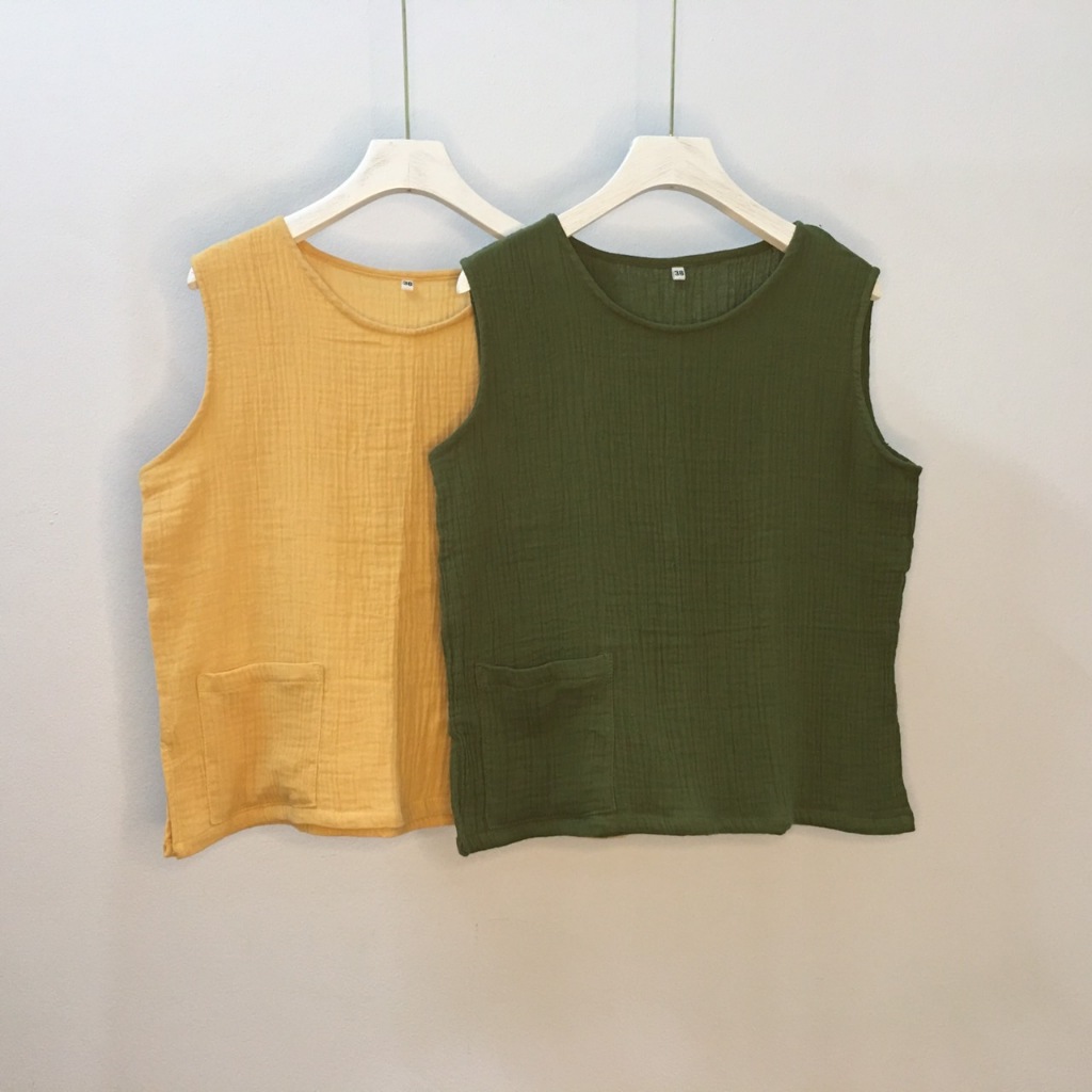 เสื้อผ้าสาลู เสื้อแขนกุดผ้าฝ้ายสาลูทอสองชั้นอัดย่น ใยฝ้ายธรรมชาติ ผ้านุ่ม น้ำหนักเบา ใส่สบาย ไม่ร้อน