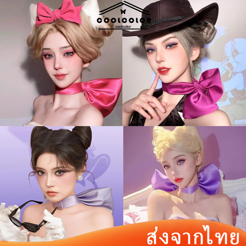 ในไทย💖สร้อยคอผ้าซาตินประดับโบว์ขนาดใหญ่Y2KCravats Tom's dreamพร็อพคอสเพลย์สีม่วงสําหรับแฟนสาว.coolcolor.th