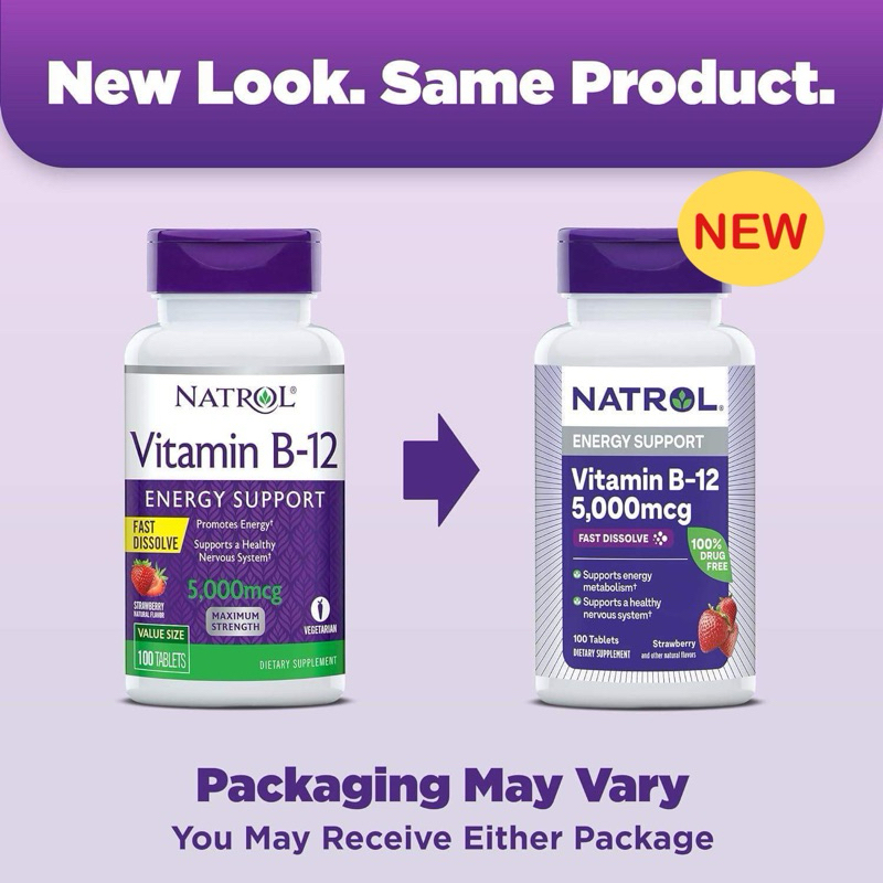 พร้อมส่ง NEW วิตามินบี12 รสสตอเบอรี่ Natrol, Vitamin B-12, 5000 mcg, 100 Tablets | Vitamin B12