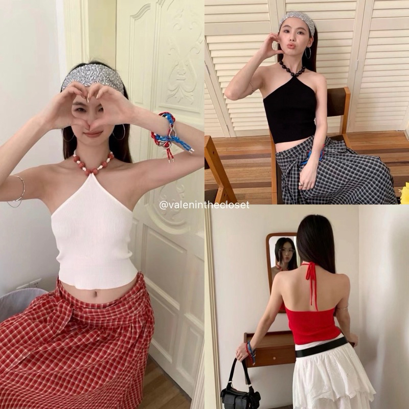 New Arrival เสื้อครอปไหมพรมคล้องคอ ทรงสวยสับ มีกิมมิกสายแต่งลูกปัด สวยสไตล์มินิมอล