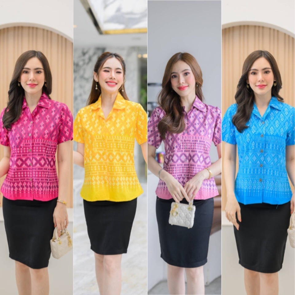 เสื้อคอปก [ไซร้ 36"-44"] ผ้าไทยลายขอแขนสั้น เสื้อใส่ทำงานผู้หญิง