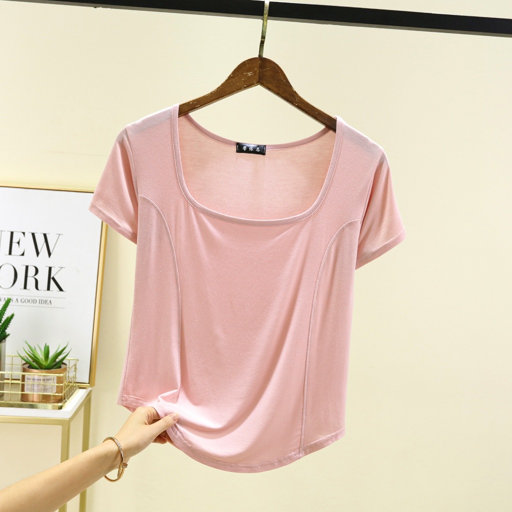 2403 เสื้อยืดคอเหลี่ยมแขนสั้น ชายโคร่งสีพื้น เนื้อผ้าเรย่อน คอต่ำ เนื้อผ้านิ่มบางเบาใส่สบาย Modal T-shirts ราคา ถูกที่สุด ดีลบีเคเค แกลเลอรีภาพที่ 4