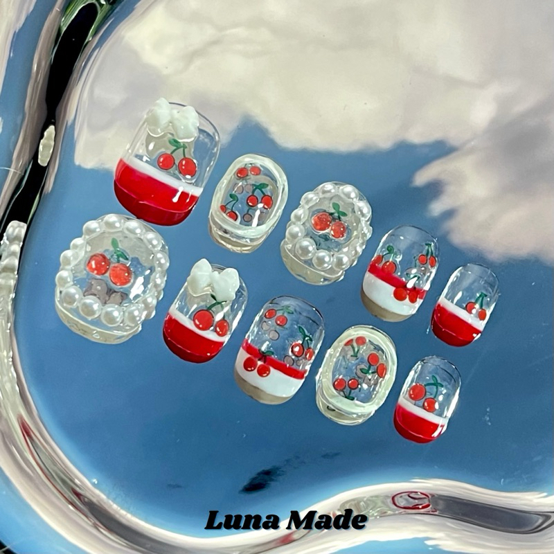 LUNAMADE เล็บเจลปลอมสำเร็จรูป เจลแท้ 100% โทนแดงขาว เชอร์รี่ เลือกขนาดได้ กรุณาวัดไซส์ก่อนสั่ง
