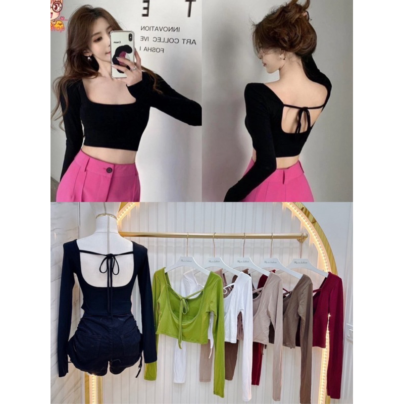 🎊mnv_shop🎊 เสื้อครอปแขนยาว โชว์หลังแซ่บๆ มีฟองน้ำในตัว เนื้อผ้าเรย่อน🌈🌈