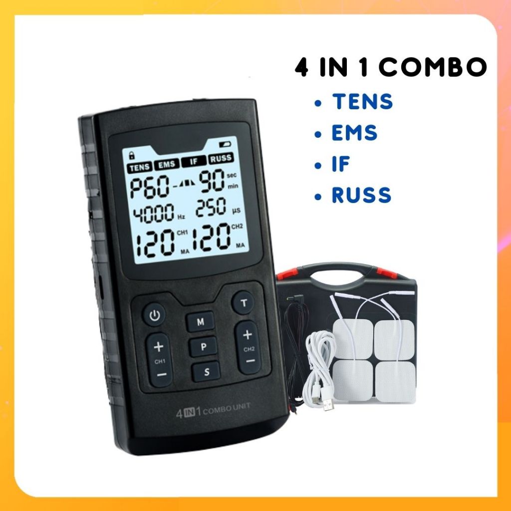 4 in 1 combo สีดำ : TENS+EMS+IF+RUSS 4 กระแสในเครื่องเดียว ชาร์จและใช้ถ่านได้