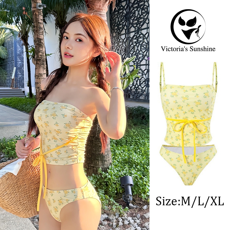 Victoria's Sunshineชุดว่ายน้ำหญิง swimsuit ทูพีช เกาะอก ชุดสูทสีเหลือง สไตล์เซ็กซี่ M L XL#0251