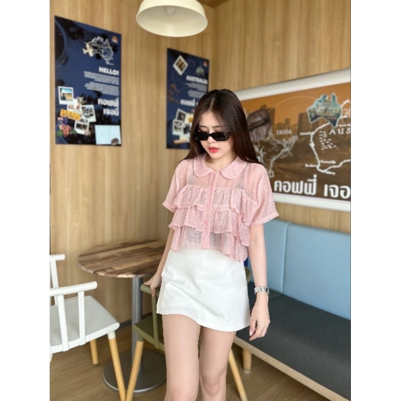 Cotton ครอปเชิ้ตแขนสั้นแต่งระบาย งานป้ายPamaruay