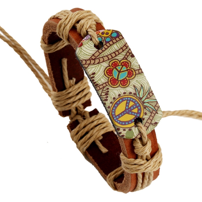 สร้อยข้อมือ กำไล ข้อมือ หนัง Hemp Rope Braided Cowhide Bracelet Retro Style Heat Transfer Peace Sign Leather