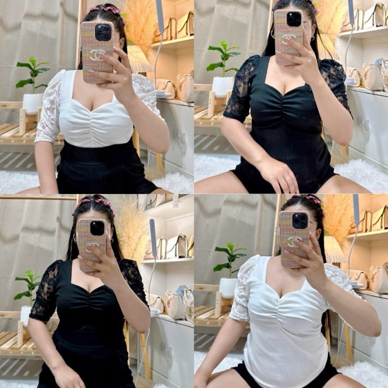 690 เสื้อสาวอวบ แขนเจ้าหญิงแต่งลูกไม้ : อก 34-42