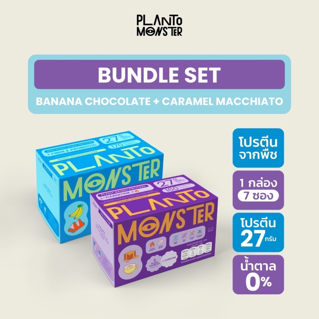 Bundle Set 2 กล่อง : โปรตีนพืช โปรตีน รสบานาน่า ช็อคโกแลท และคาราเมล มัคคิอาโต้ กล่องละ 7 ซอง มีไฟเบอร์ และโพรไบโอติก