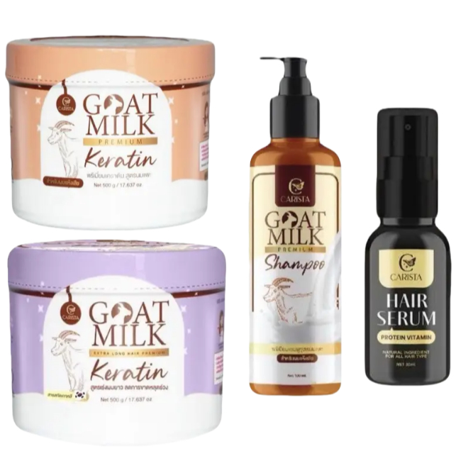 หมักแพะ เเบบเซต 3 ชิ้น หมักกระปุก+สระ+เซรั่ม  จับคู่เลือกได้ Carista Goat Milk Premium Extra Longhair keratin
