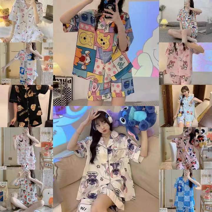 พร้อมส่ง ชุดนอน ลายการ์ตูน ลาย คอปกกระดุมหน้า เนื้อผ้านิ่ม ใส่สบาย ฟรีไซส์ K01-K15