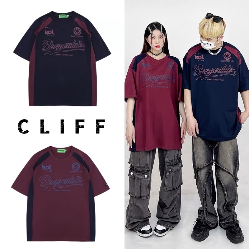 CLIFF สไตล์อเมริกันวินเทจ เสื้อยืดผู้ชาย แขนสั้นทรงหลวม ใส่ได้ทั้งชายและหญิง