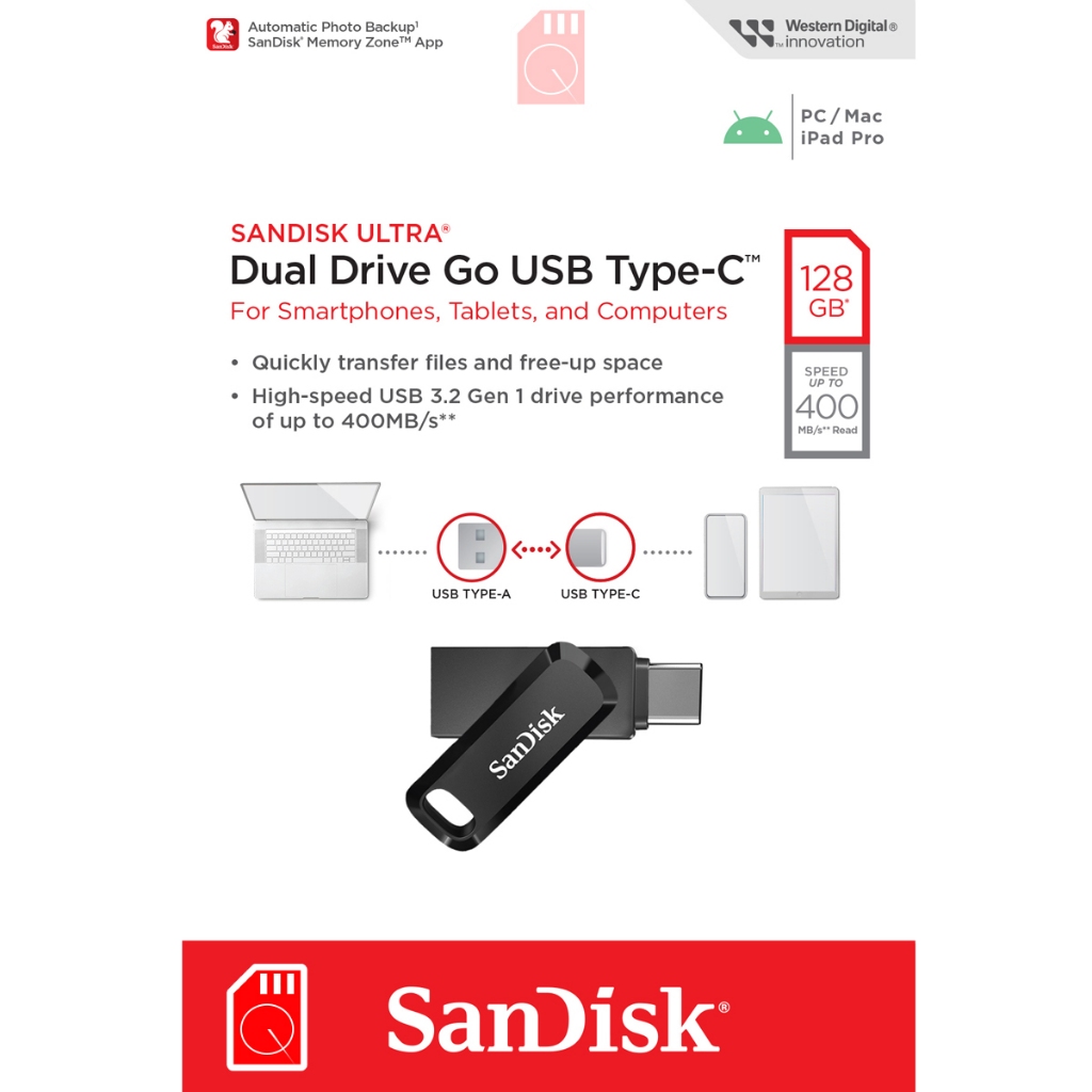 SanDisk Ultra Dual Drive Go USB Type-C 128GB 400MB/s (SDDDC3-128G-G46) Flash Drive for iPhone15 iPad