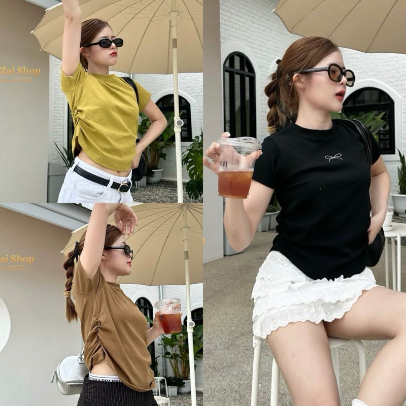 Dzaishop เสื้อครอปแต่งย่นข้าง ปักโบว์ช่วงอก เนื้อผ้ายูนิโคล่ ใส่สบายฟินมาก