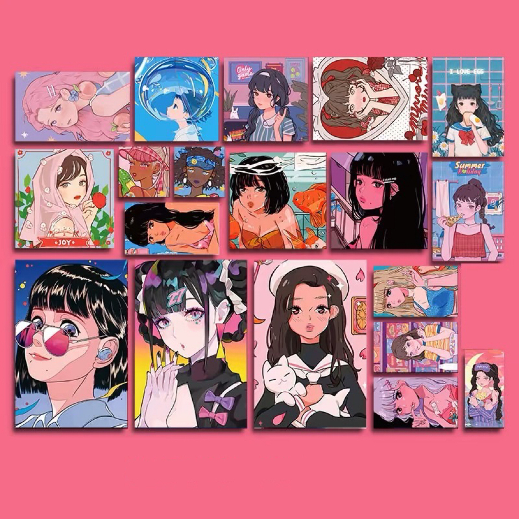 สติ๊กเกอร์ รูปการ์ตูนผู้หญิง  สติ๊กเกอร์ลายการ์ตูน การ์ดมินิมอล ภาพแต่งห้อง ตกแต่งผนัง การ์ดตกแต่งห้อง  โปสการ์ดผู้หญิง