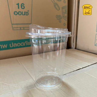 NN แก้วพลาสติกพร้อมฝายกดื่ม PET แก้วเนื้อแข็ง ทรงสตาร์บัค ขนาด 16ออนซ์ ปาก 98 mm (1 แพ็คมี 50ชิ้น)