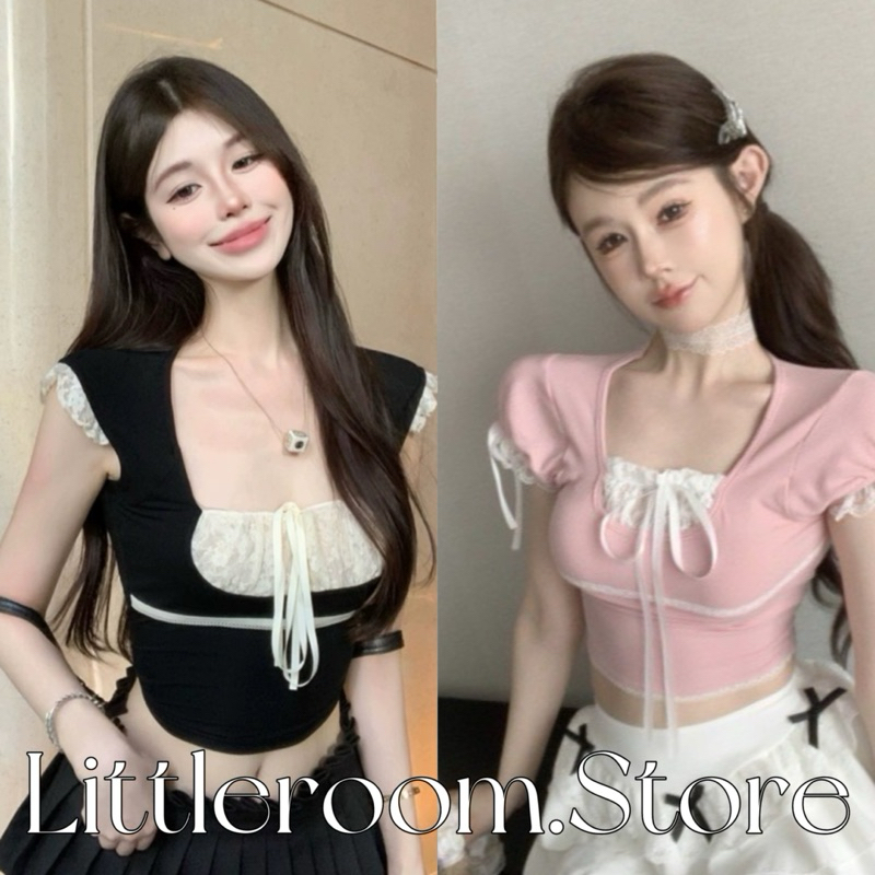 Molly Top • เสื้อครอปดีเทลลูกไม้แต่งอก ปลายแขน โบว์ริ้บบิ้นหน้า