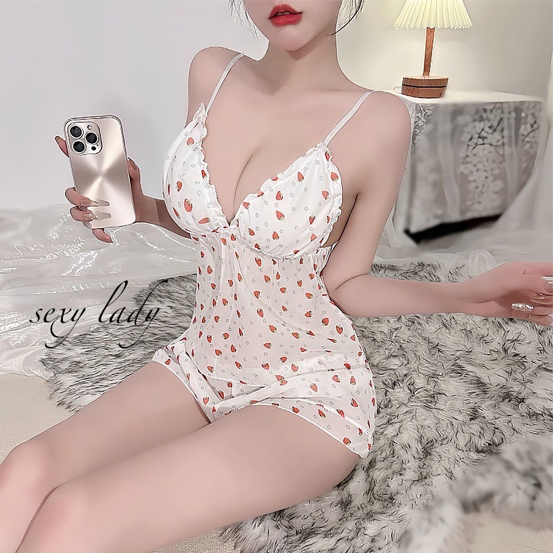 sexy lady💓💓ดูผ่านชุดนอน😍😍ชุดนอนสตรี ลายสตรอเบอร์รี่น่ารัก🍓🍓สวมใส่สบาย จัดส่งจากประเทศไทย（H9105）