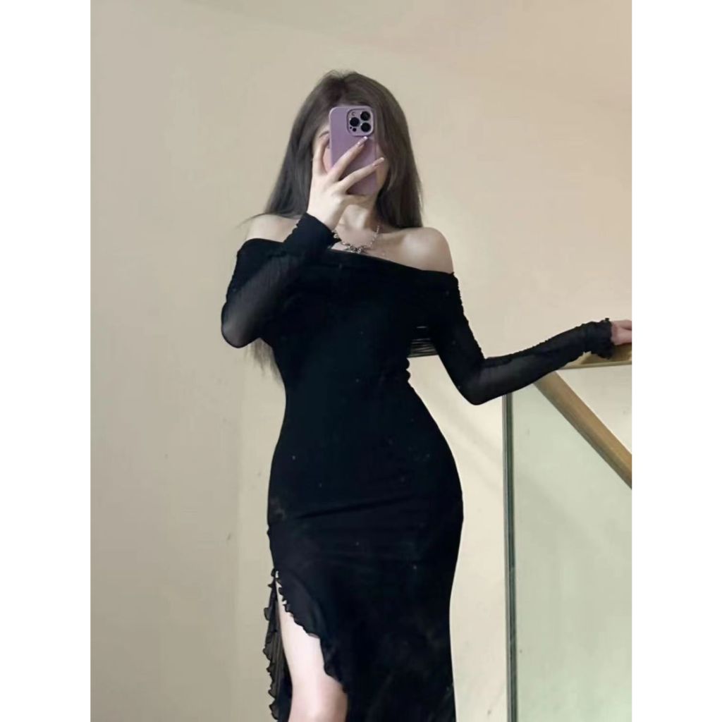 🌺ชุดเดรส,🌺2024 ใหม่ฤดูร้อนกระโปรงยาวแขนยาวตรงบางชุดที่ผิดปกติเอวสูงกระโปรงยาว