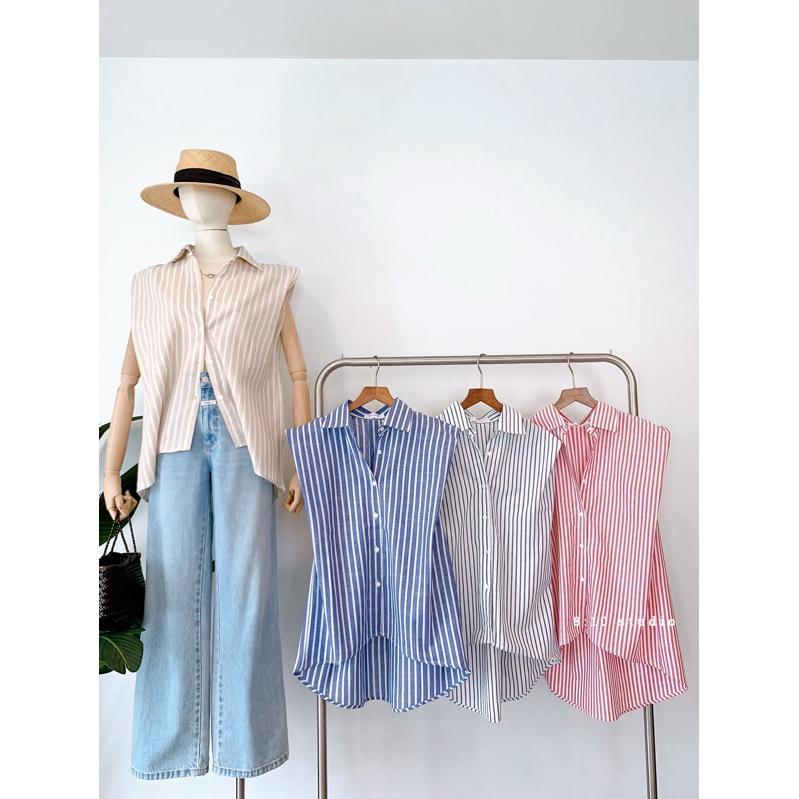 เสื้อเชิ้ตเสริมบ่า แขนล้ำ ผ้าฝ้ายลินิน มีสีพื้น และลายทางค่ะ