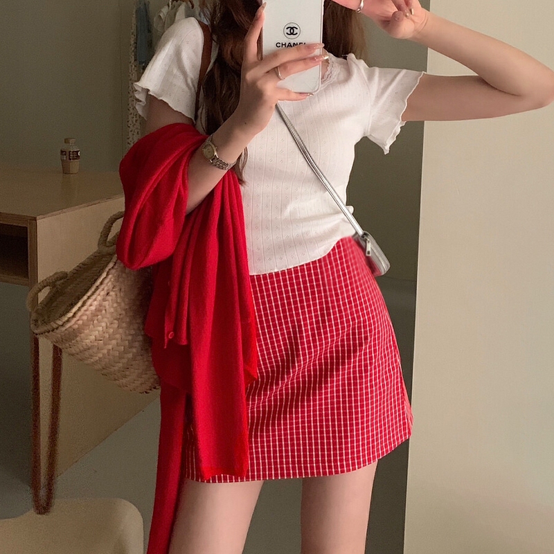 กระโปรงสั้นสไตล์เกาหลีสาวเผ็ดกระโปรงลายสก๊อตเอวสูงห่อสะโพกกระโปรงทรงเอผู้หญิง YES