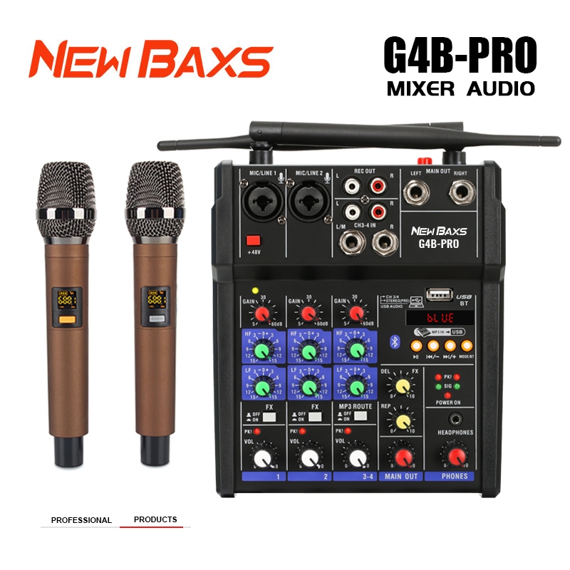 Newbaxs G4B-PRO Professional Audio Mixer 4 ช่องไมโครโฟนไร้สาย UHF ในตัว 2 มือถือรองรับ Bluetooth/USB