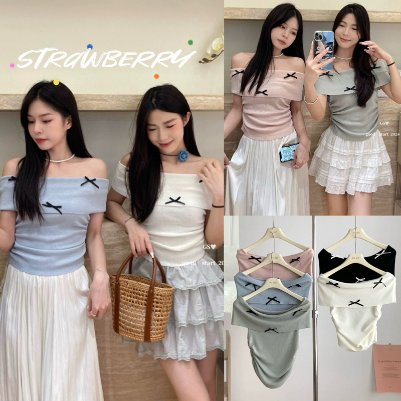 STR พร้อมส่ง💗เสื้อปาดไหล่เซ็กซี่ผู้หญิง💗แต่งโบว์ สีพื้น ผ้าไหมพรม ทรงเข้ารูป สาวอวบใส่ได้ ชุดไปทะเล สไตล์เวียดนาม