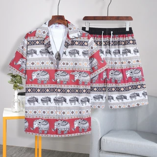 2088#เสื้อเชิ้ตเป็นชุดแบบใหม่ล่าสุดฮาวายลายช้าง เสื้อ + กางเกง